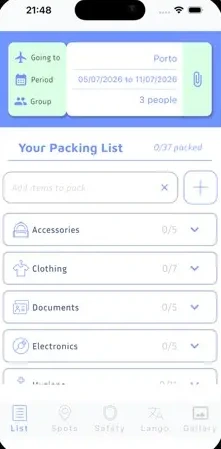Packing list for a trip to Porto, organised by category with a progress counter