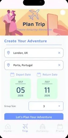 Screen to create a trip, with origin, destination, dates and group size